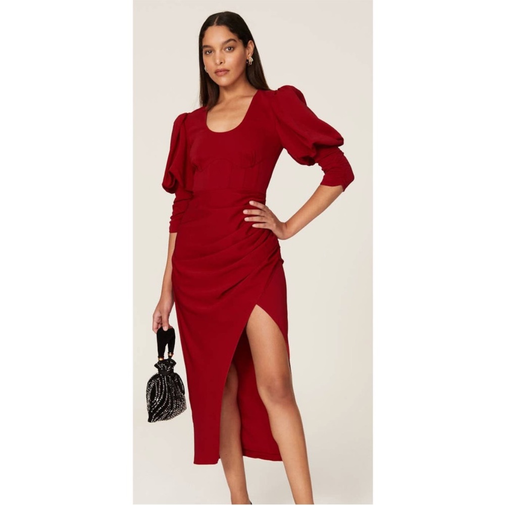 Self-Portrait Ruched Midi Dress Three Quarter Sleeves Back Zip Red Crepe Size 6